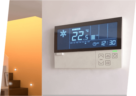 Wall-mounted digital thermostat designed to enhance energy efficiency in air conditioning systems.