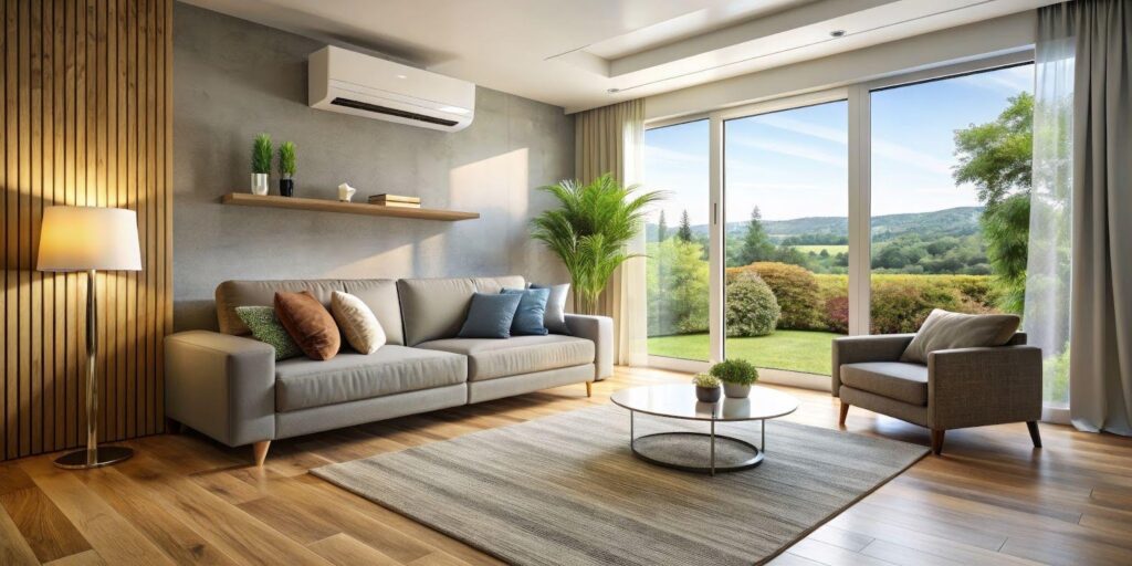 A cozy living room with a couch, chair, and a large window
