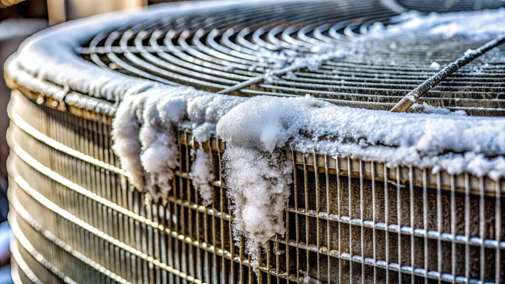 An air conditioning unit with snow accumulation on its exterior grille.