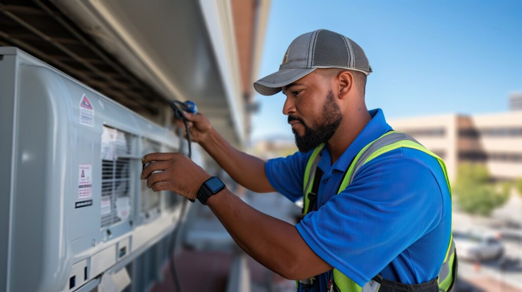 A worker in a blue shirt, safety vest, and cap inspects a wall-mounted air conditioning unit outdoors with buildings in the background.